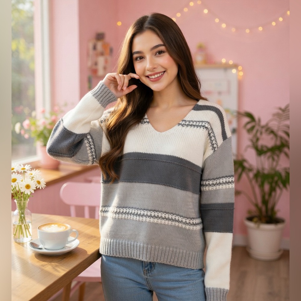 SHEIN Gray and White V-Neck Sweater